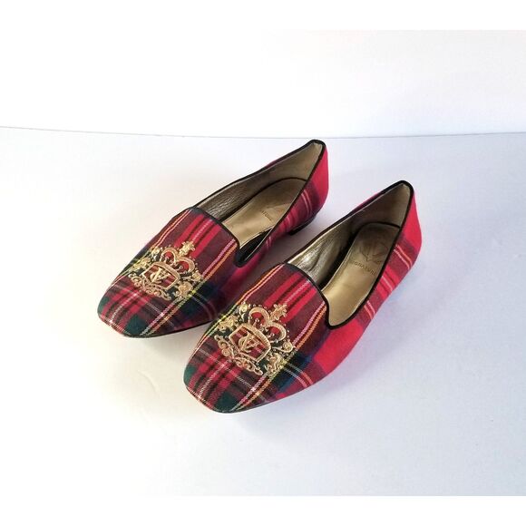 VC Signature Flats Red Tartan Plaid Sz 6 Embroidered Logo Square Toe - Picture 2 of 13